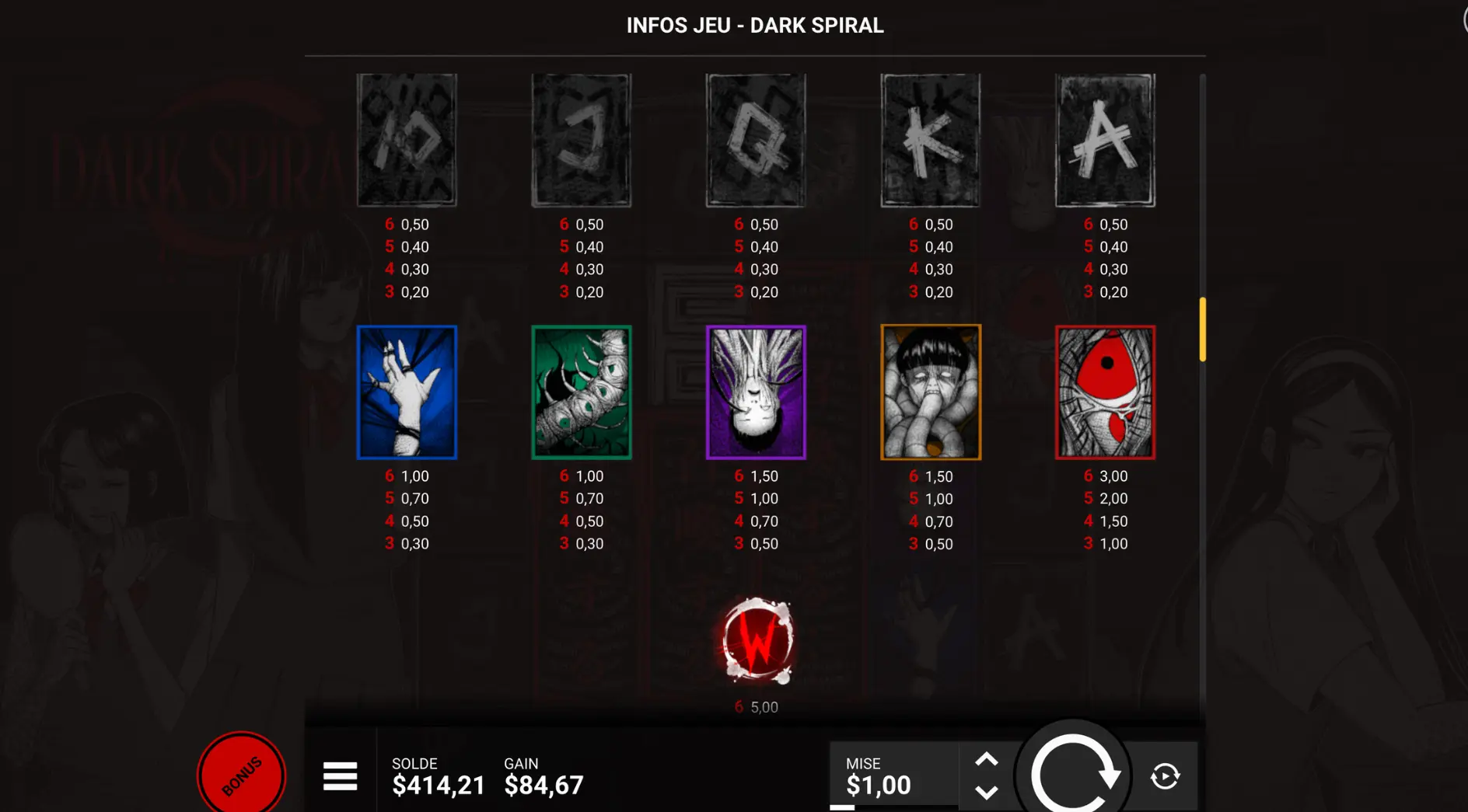 Dark Spiral slot paytable showing the payout values for each symbol.