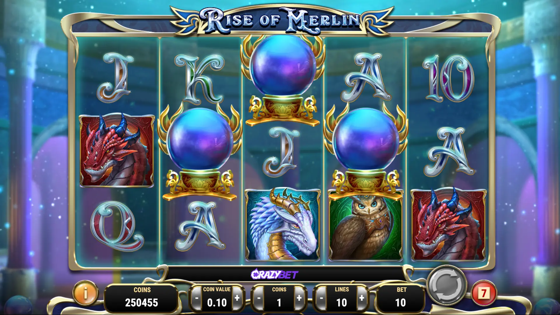 Rise of Merlin (Play’n GO) – 3 scatter orbs trigger 8 free spins