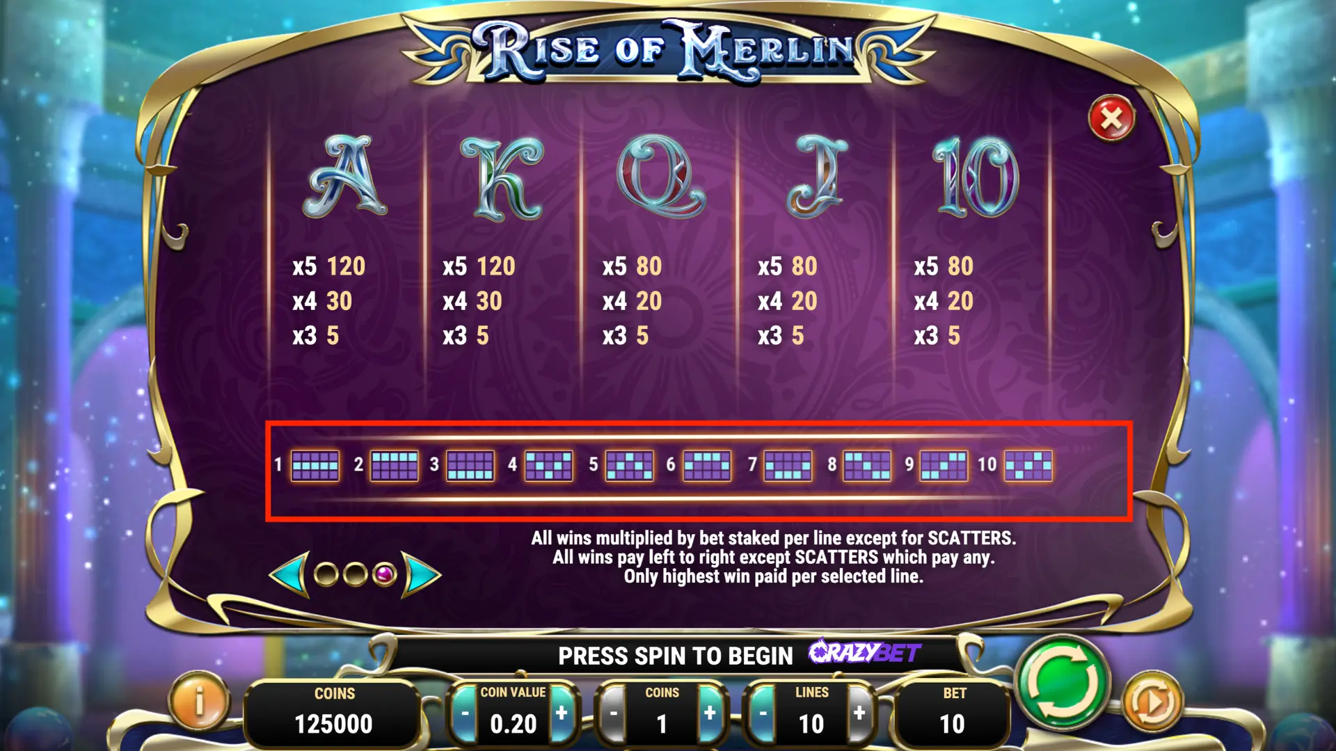 Rise of Merlin (Play'n GO) - 10 paylines diagram