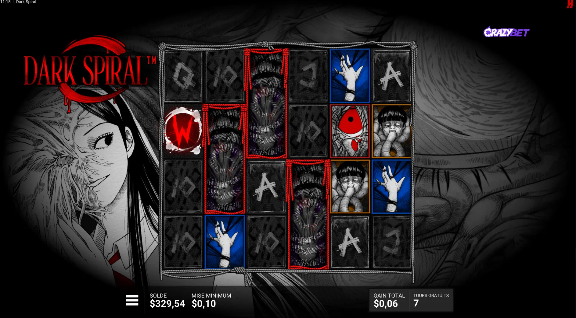 Free spins in the Dark Spiral slot with multiple special symbols active on the grid.