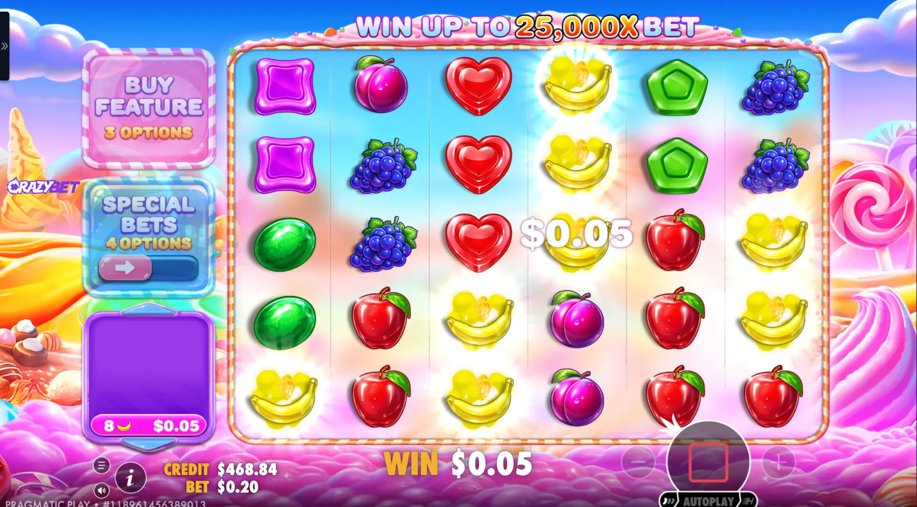 Sweet Bonanza 2500: A low-value banana combination triggering a $0.05 tumble win.