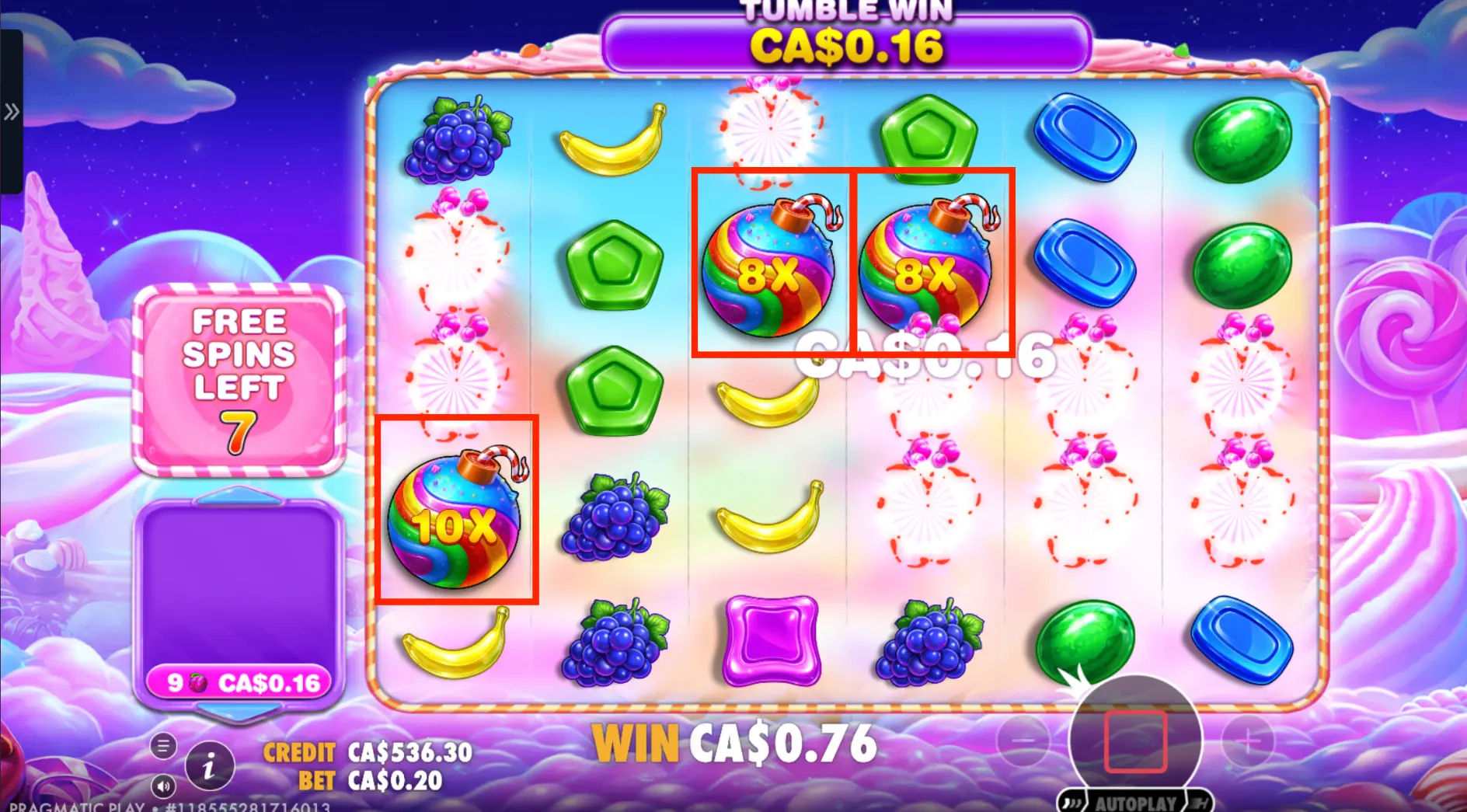 Sweet Bonanza 2500 Free Spins: 10x and 8x multiplier bombs combining for a hit.