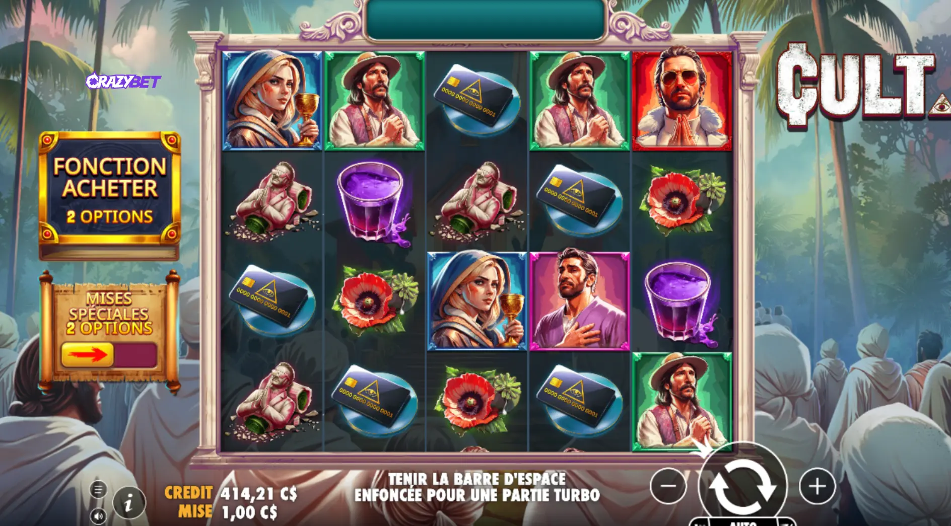 5×5 grid of the CULT slot by Pragmatic Play with symbols and CrazyBet interface.