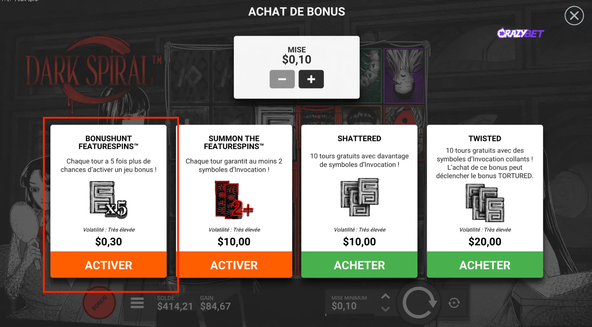 Bonus buy options in the Dark Spiral slot featuring Bonus Hunt and free spins.