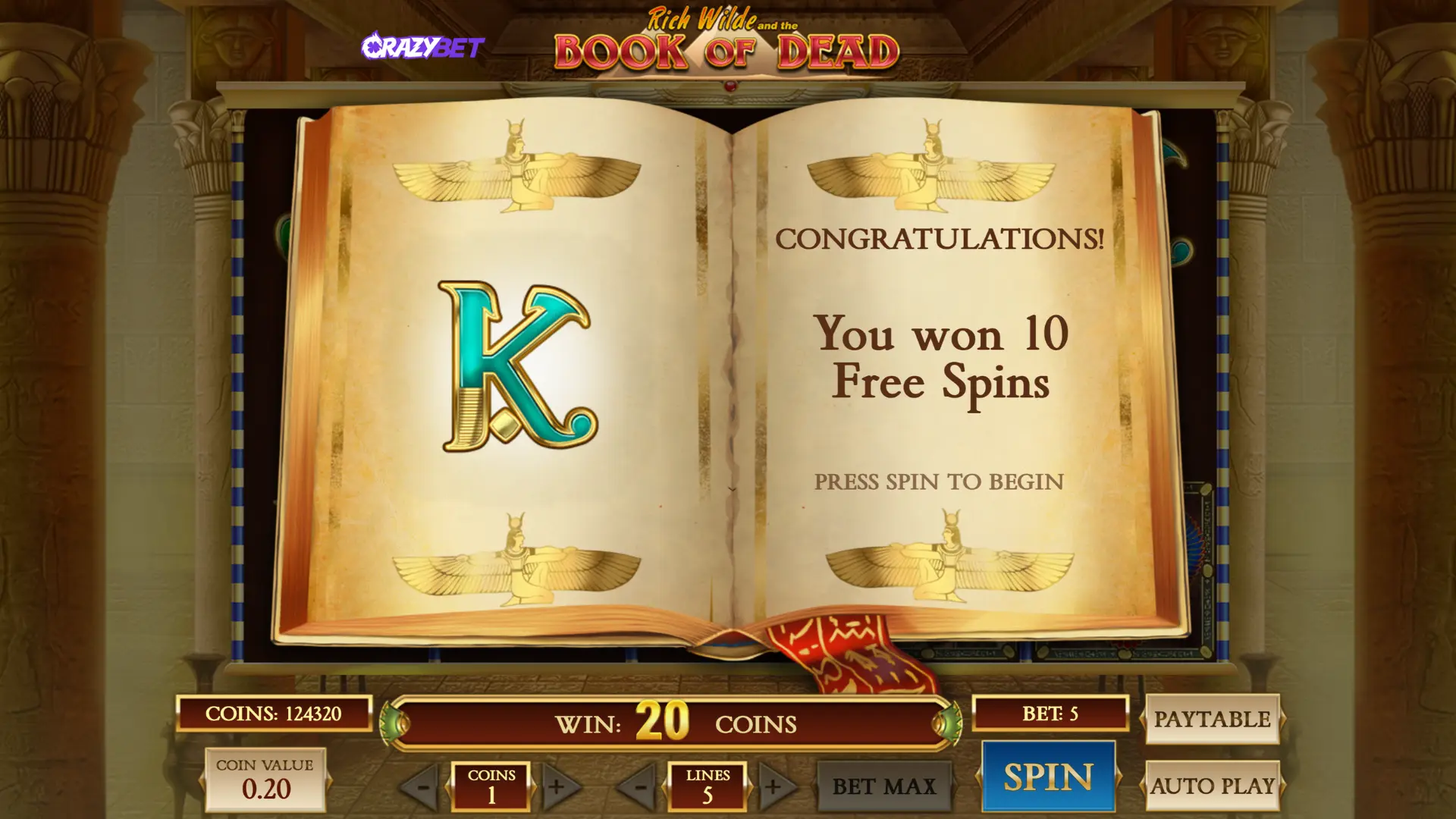 Book of Dead – selection of the expanding symbol for 10 free spins (K)