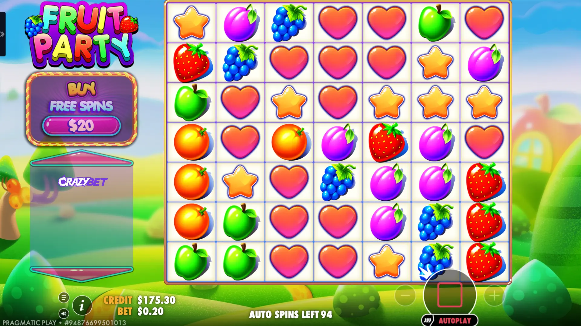 Fruit Party – cascade connections (tumbles) after a winning cluster, autospin active