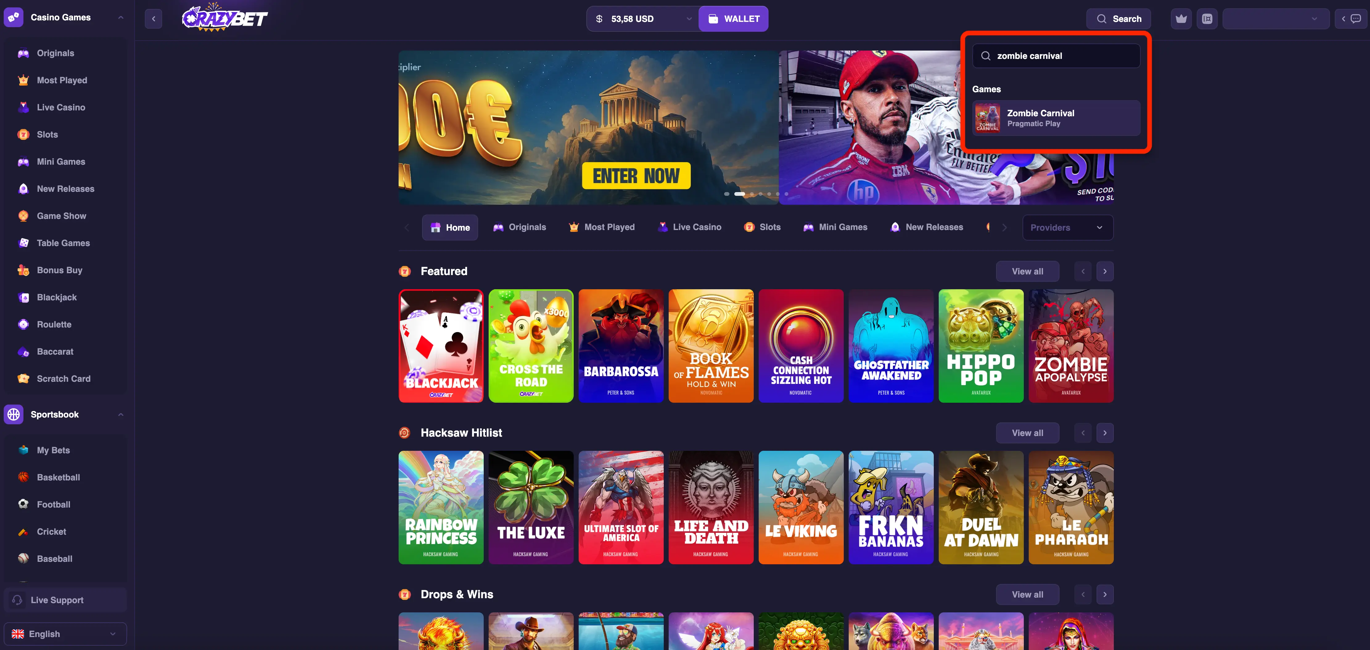 Zombie Carnival on CrazyBet — Pragmatic Play game search