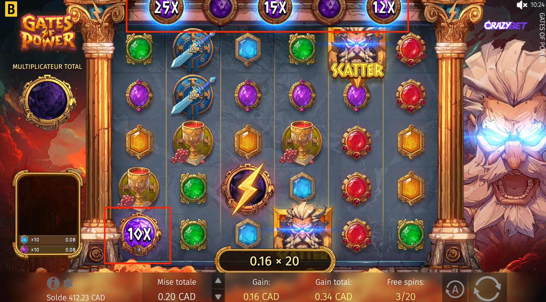 Gates of Power high multipliers during the Free Spins bonus