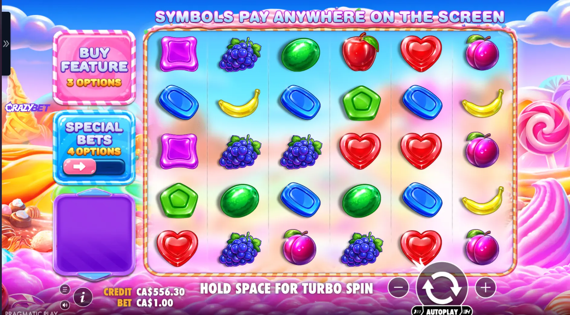 Sweet Bonanza 2500 base game grid featuring the signature candy and fruit symbols.