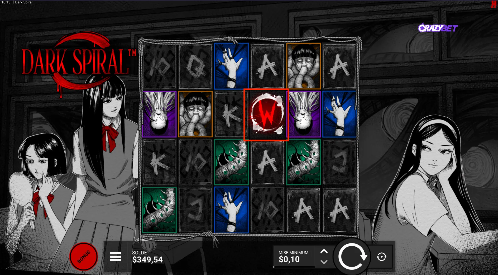 Red Wild symbol appearing in the centre of the grid in the Dark Spiral slot on CrazyBet.