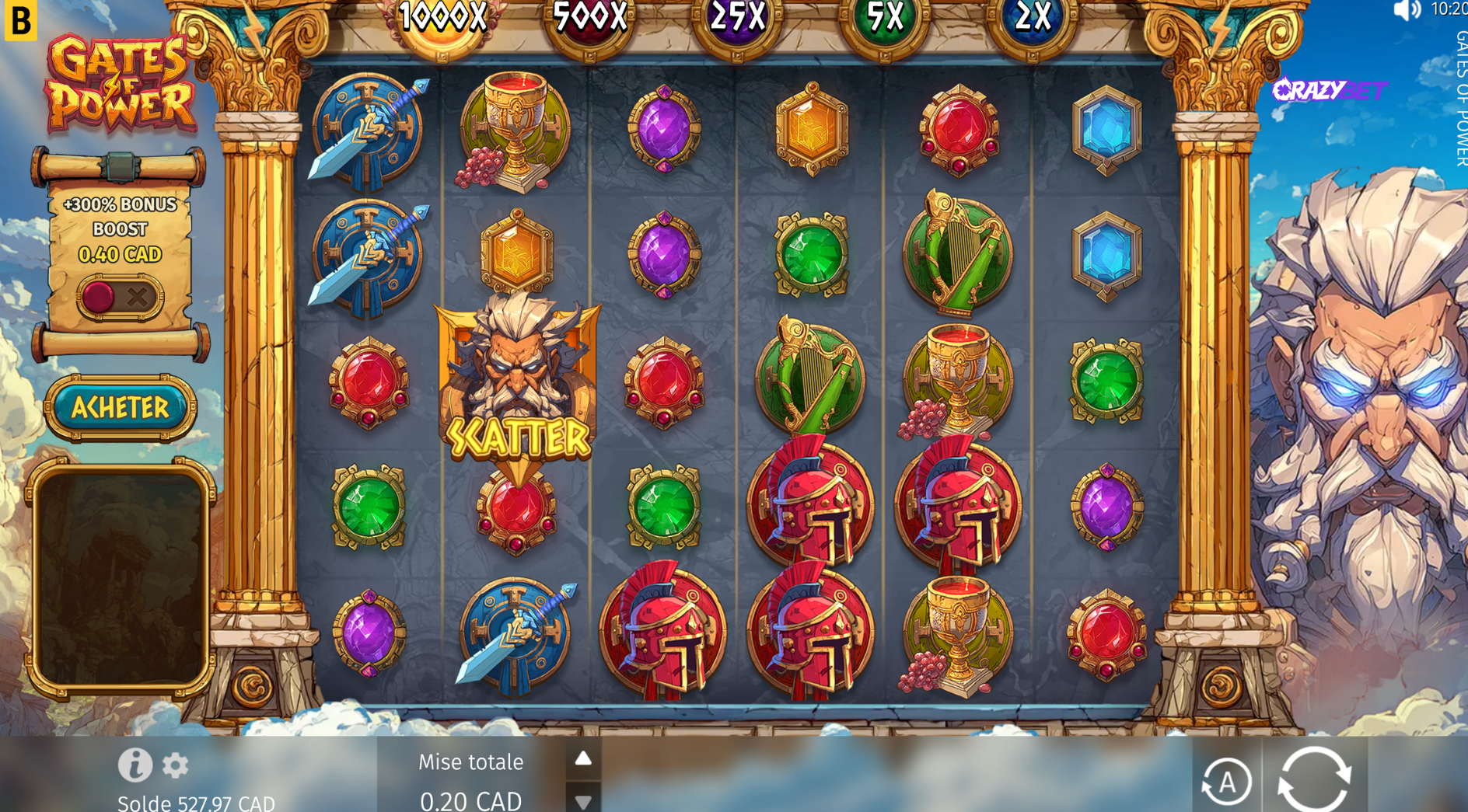 Gates of Power starting grid with mythological symbols and Zeus Scatter