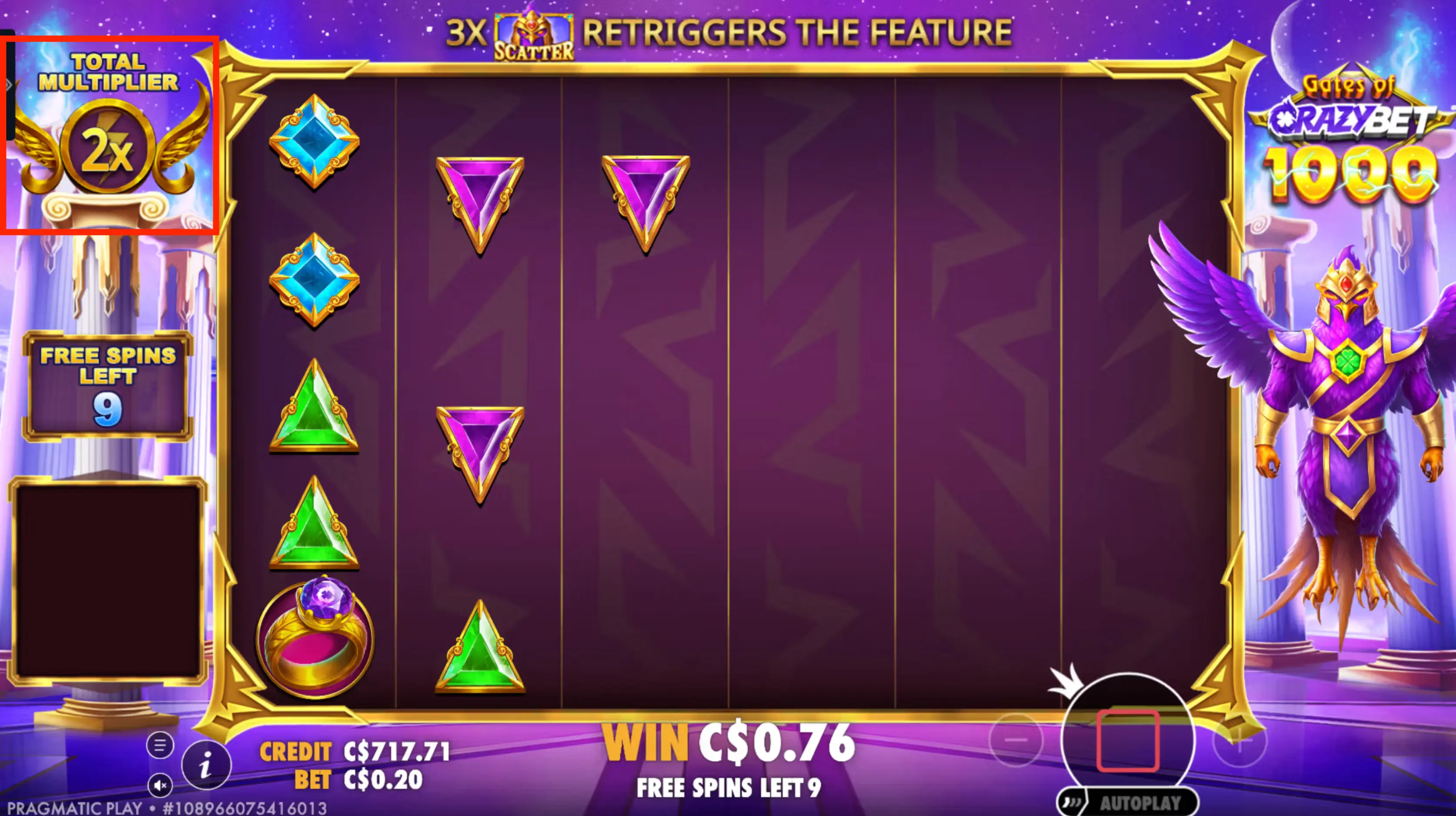 Multiplicateur total accumulé de 2x affiché pendant le bonus de tours gratuits sur Gates of CrazyBet 1000.
