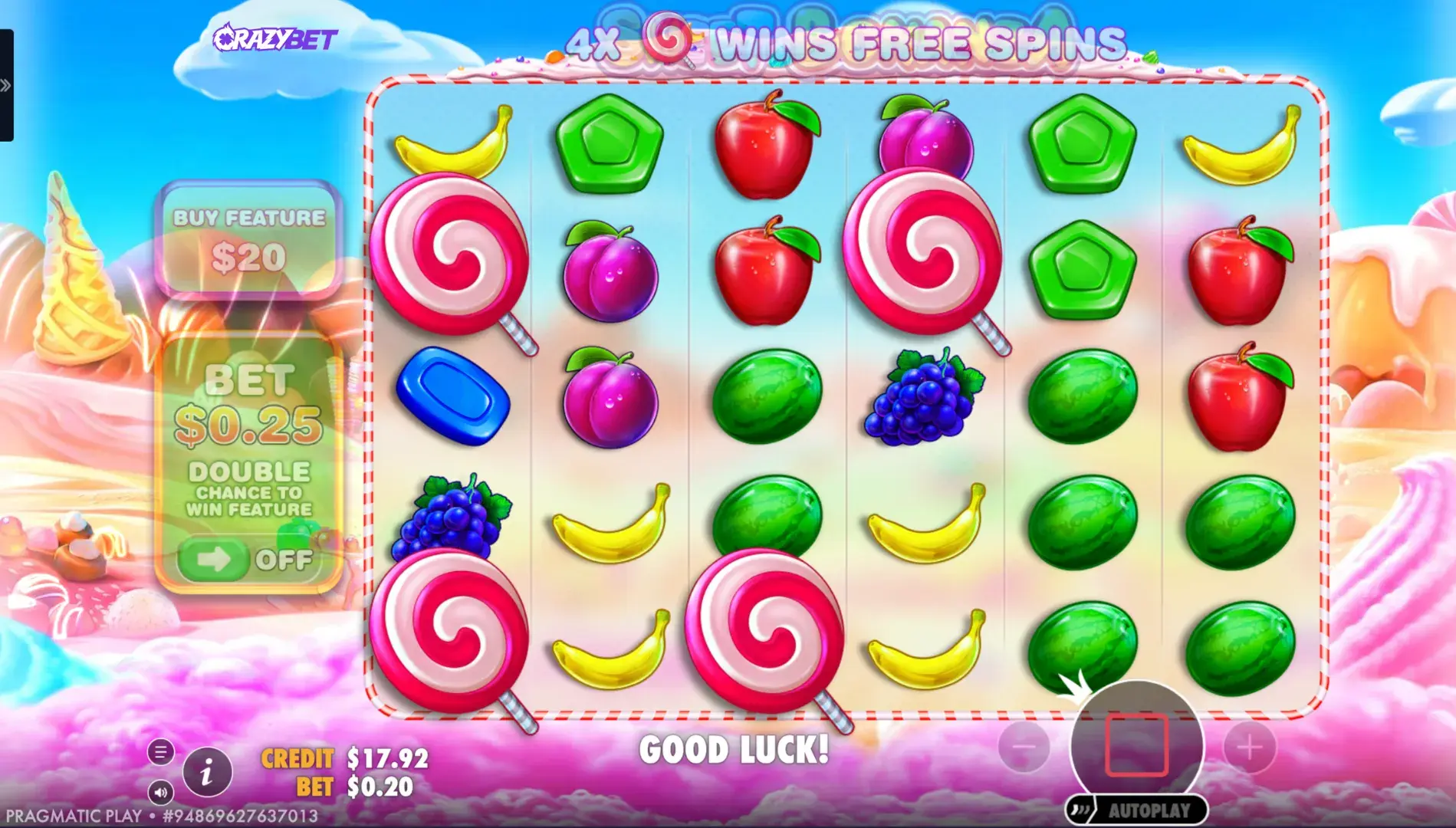 Tours gratuits Sweet Bonanza – 4 sucettes déclenchent le bonus