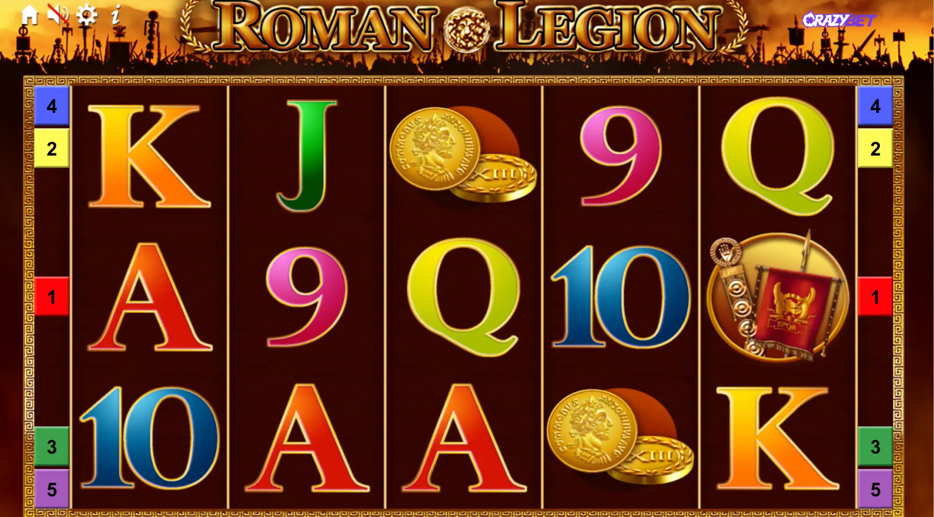 Roman Legion Gamomat slot with 5-reel grid, Roman symbols and coins