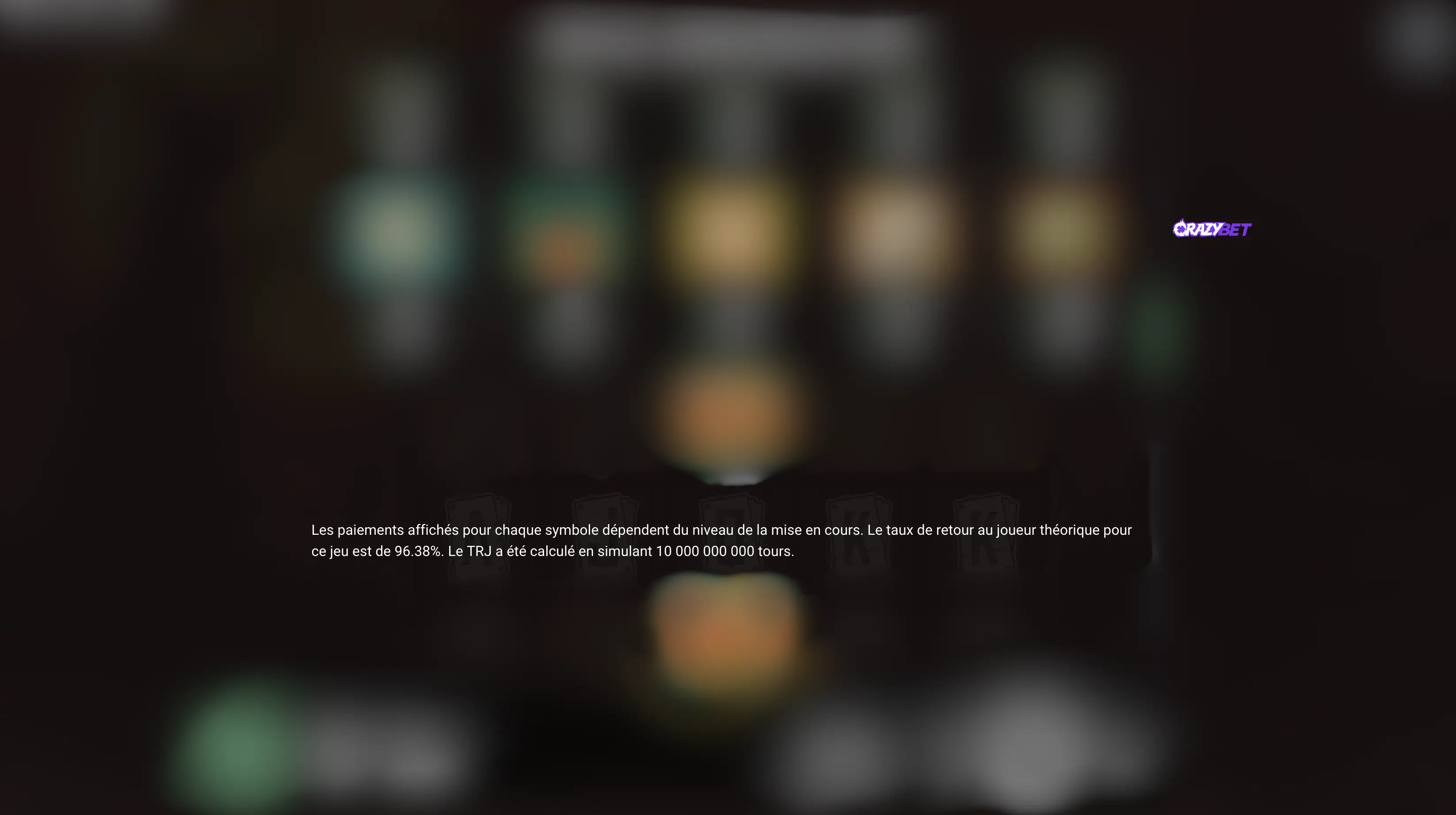 Blurred screenshot of the game Wanted Dead or a Wild showing a Return to Player (RTP) of 96.38% on the casino CrazyBet.