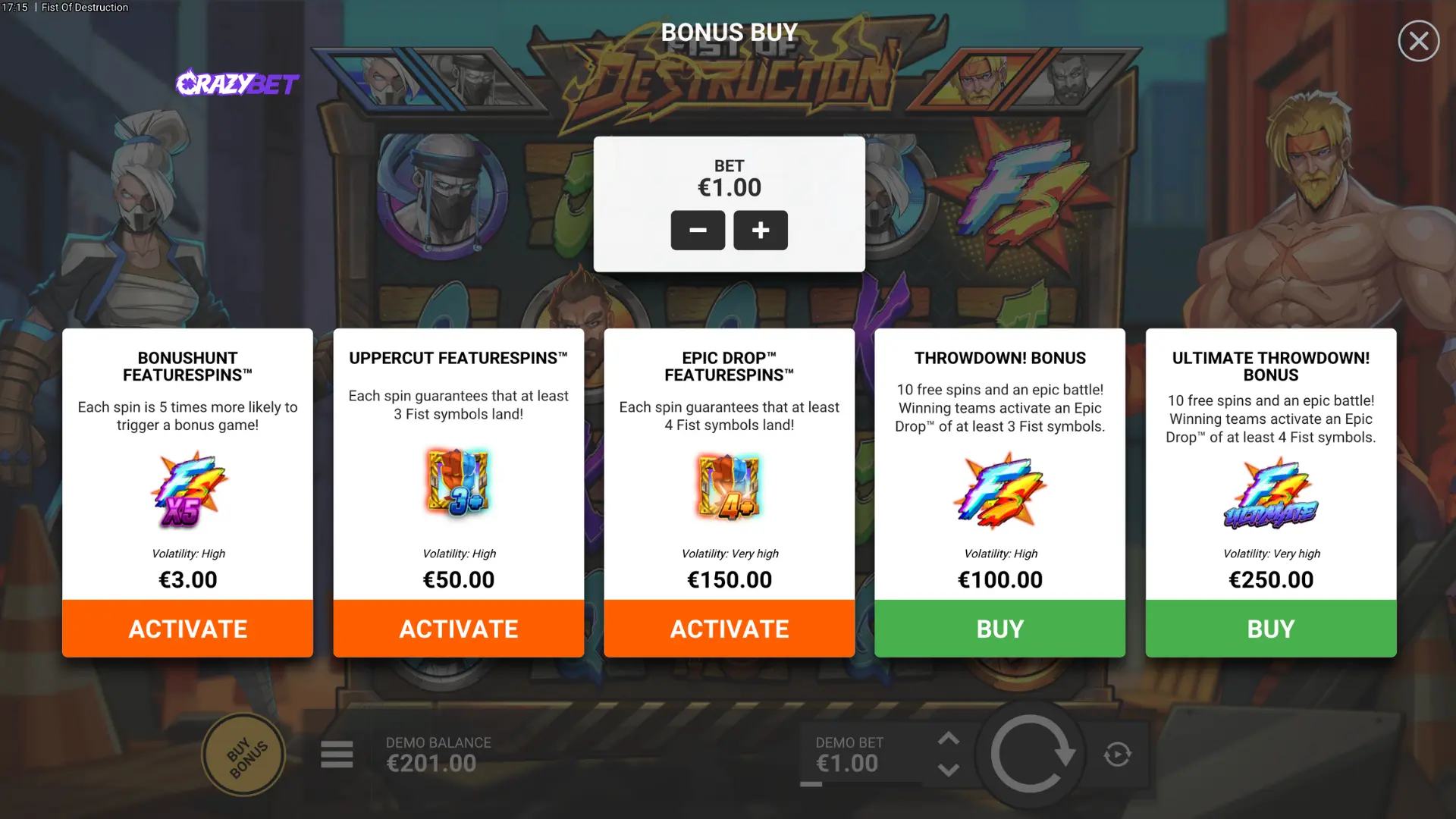 Bonus Buy menu featuring BonusHunt, Uppercut, Epic Drop, Throwdown and Ultimate
