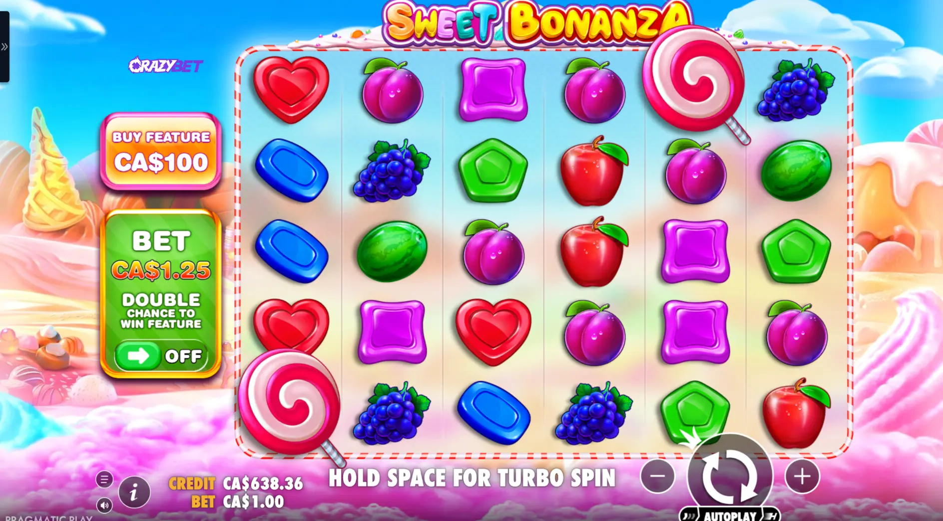 Sweet Bonanza base game grid featuring the iconic candy and fruit symbols.