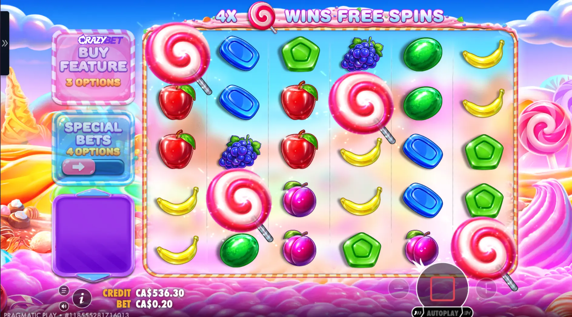 Sweet Bonanza Free Spins: Lollipop Scatters landing to trigger the bonus feature.
