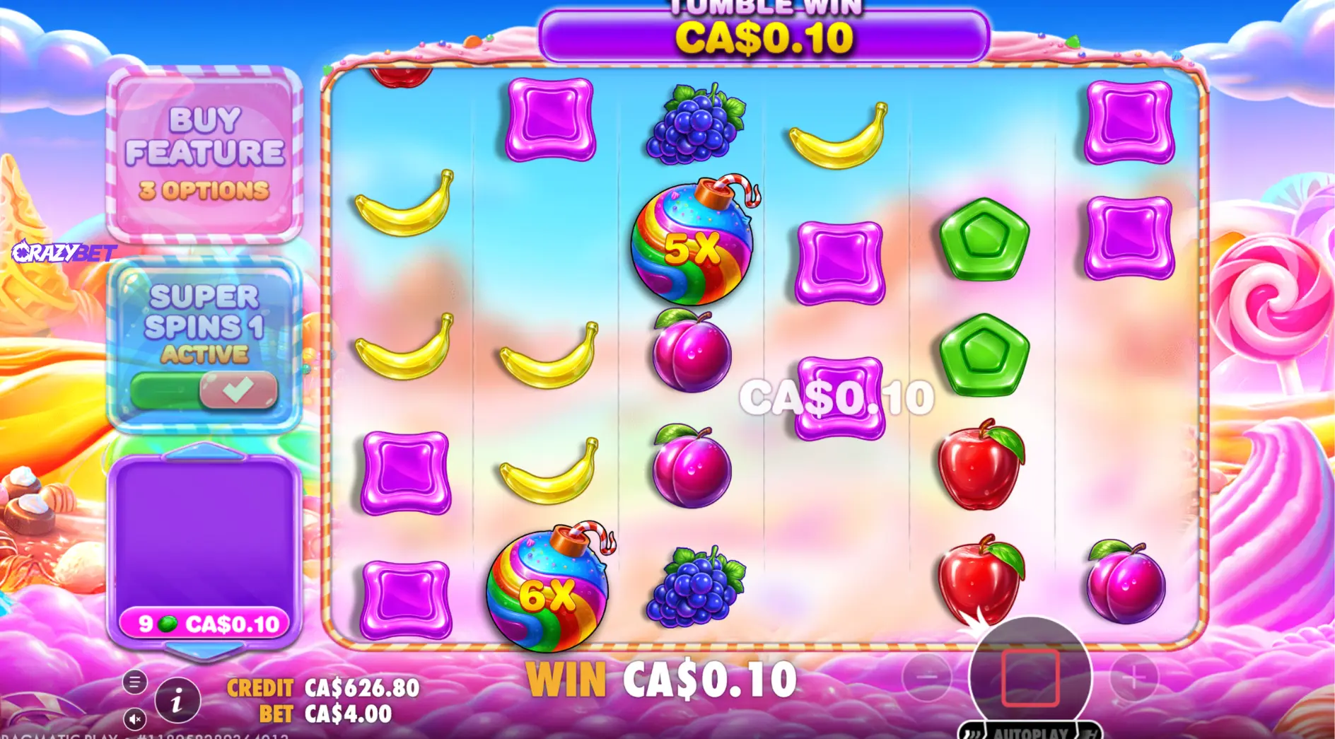 Sweet Bonanza 2500: 5x and 6x multiplier bombs landing during a base game win.