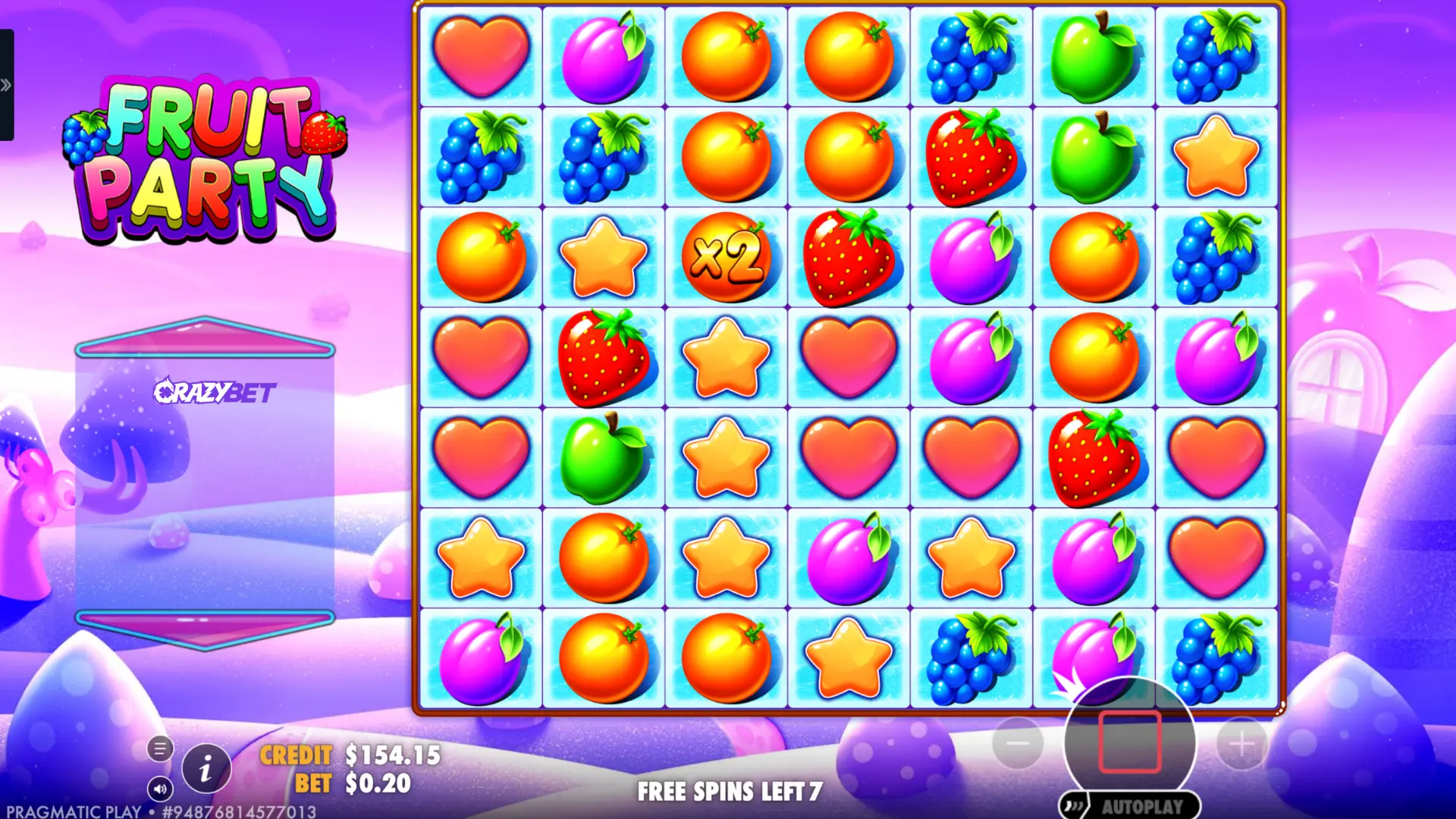 Fruit Party – free spins bonus in progress with x2 multiplier visible on the 7×7 grid