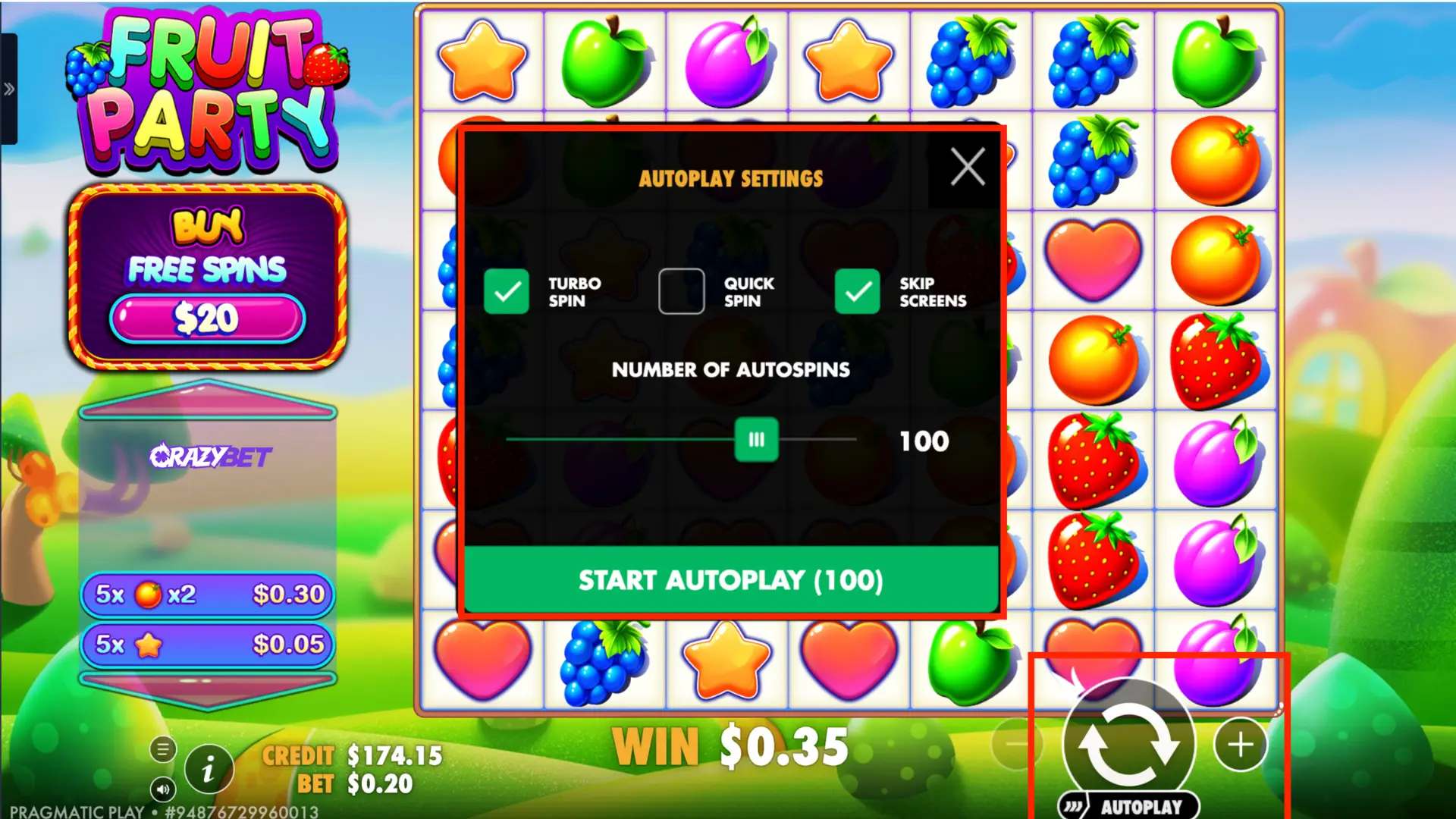 Fruit Party – Autoplay settings: Turbo Spin, Skip Screens and 100 auto spins