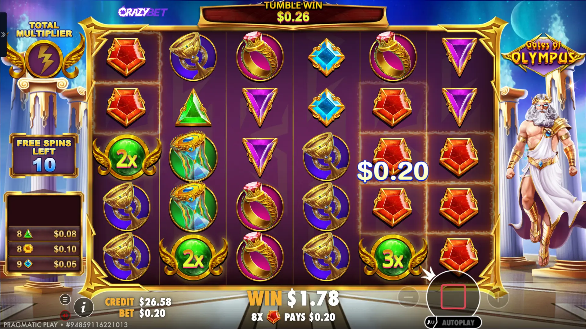 Gates of Olympus – base game multiplier orbs (2x to 500x)