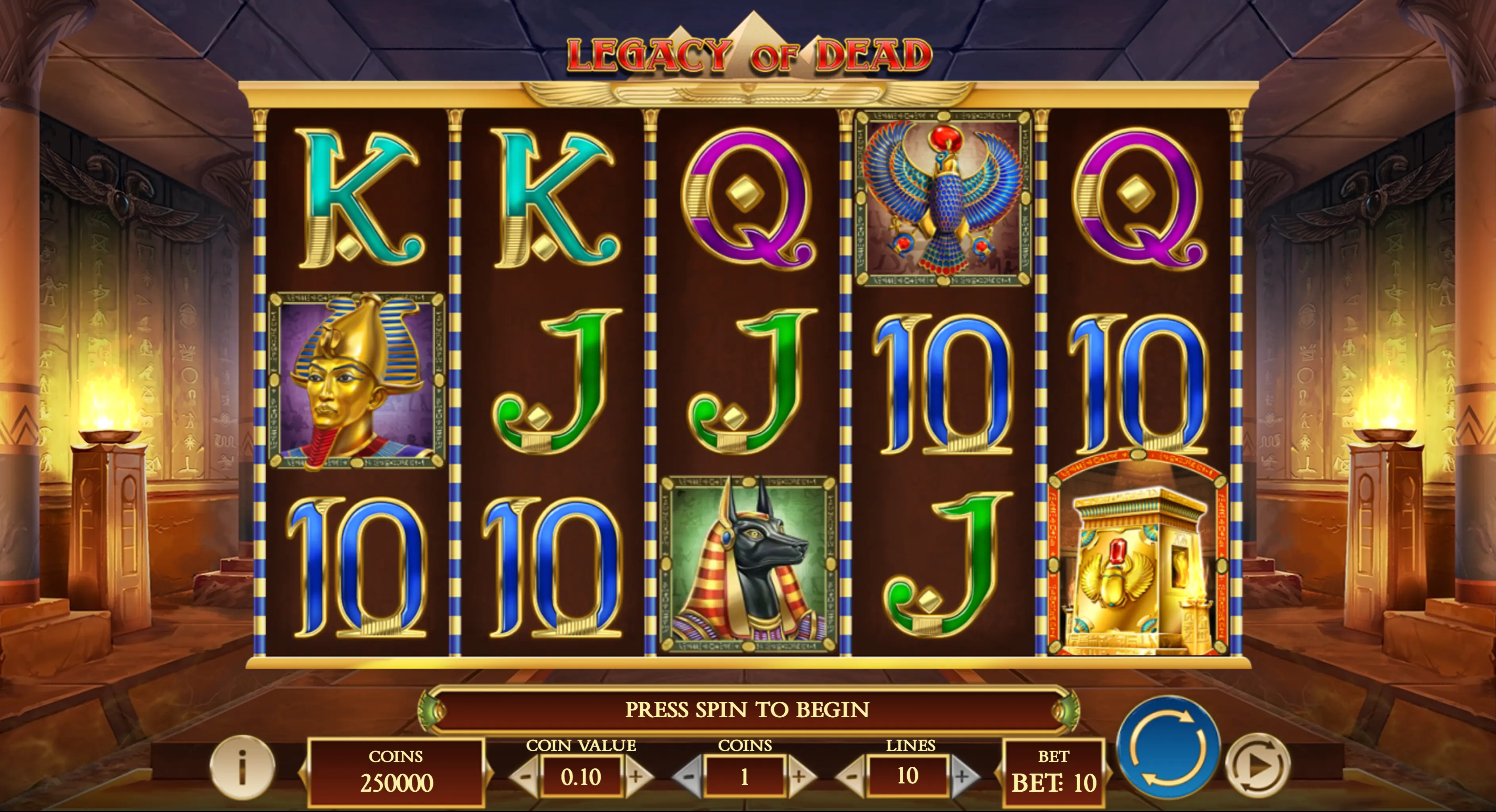« Legacy of Dead – écran de base 5×3, 10 lignes fixes, symboles égyptiens avant le spin (Play’n GO) »