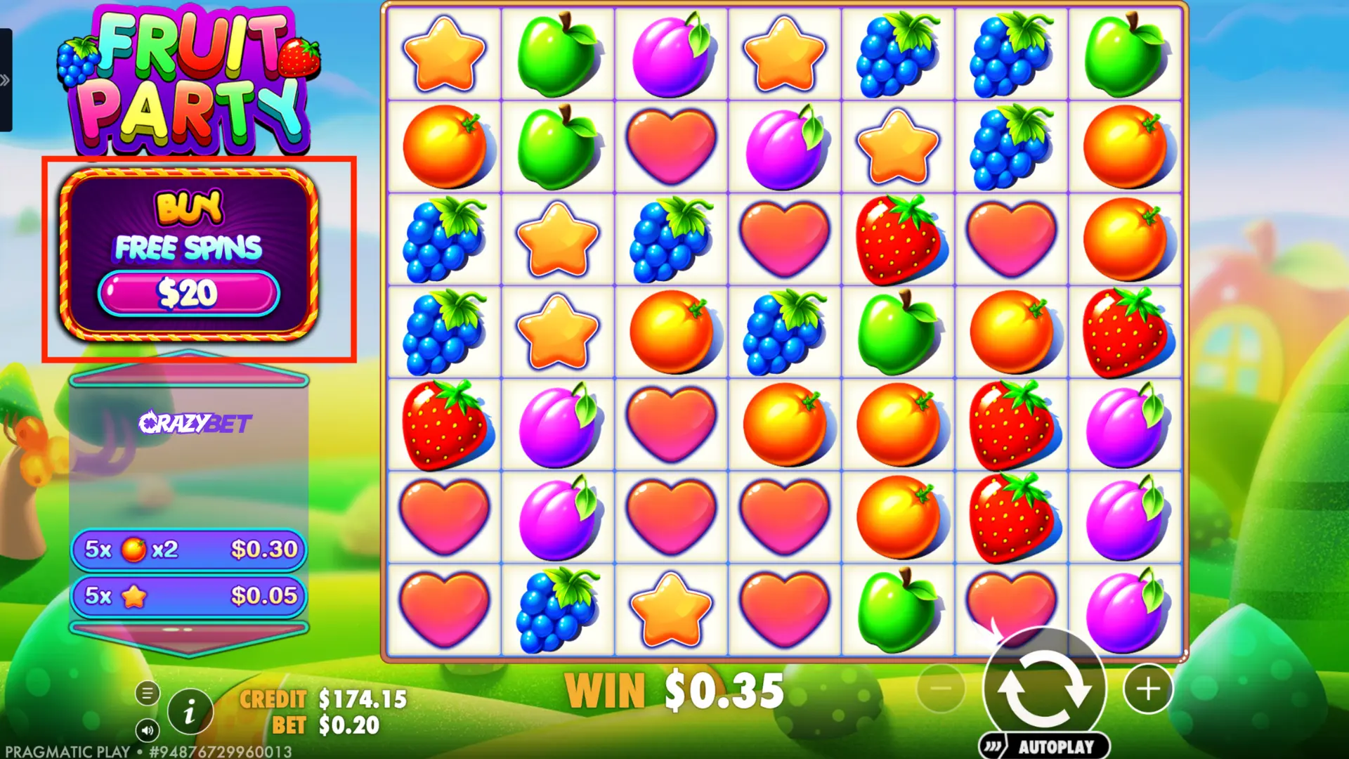 Fruit Party – $20 Free Spins Buy button (100× stake), 7×7 grid in the background