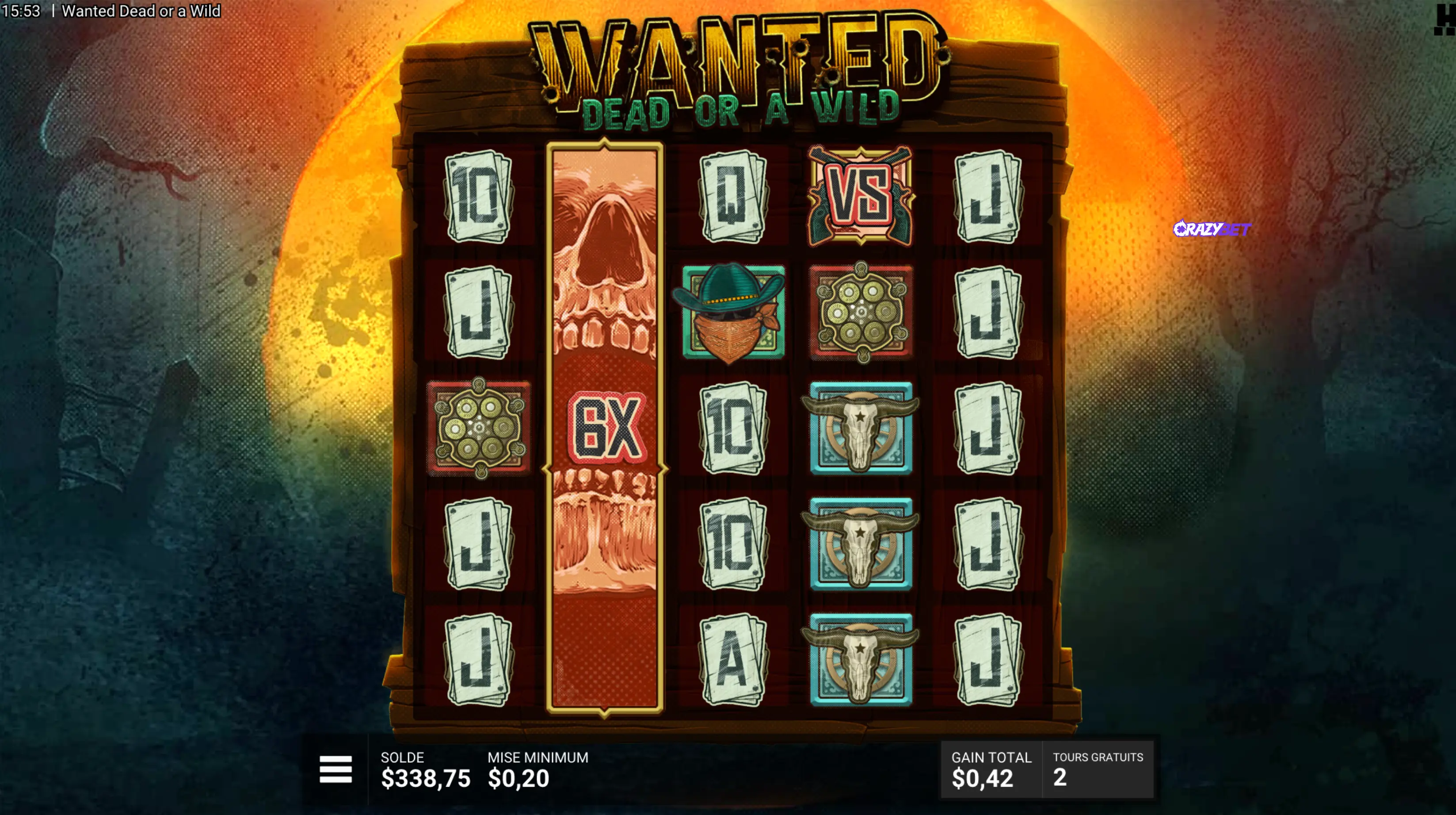 VS symbol with a 6× multiplier fully expanded on Wanted Dead or a Wild.