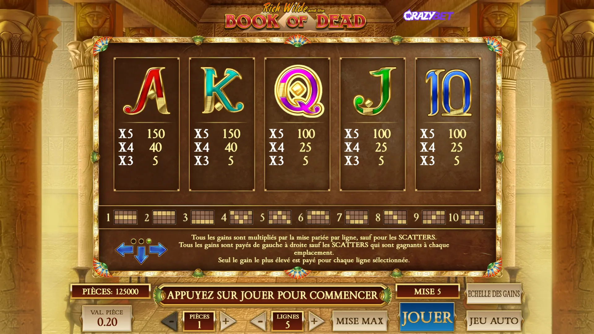 Book of Dead – paytable for A-K-Q-J-10 symbols