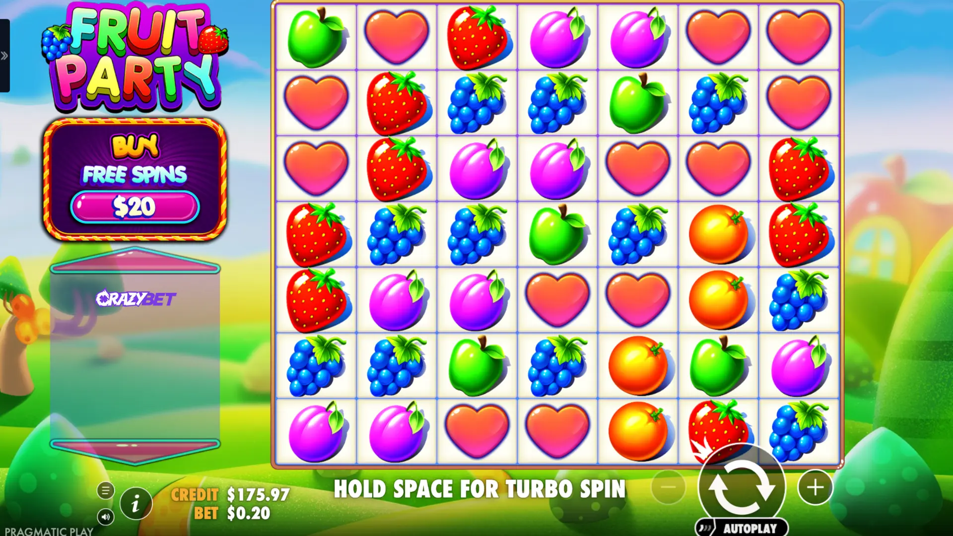 Fruit Party – 7×7 grid ready to spin, “HOLD SPACE FOR TURBO SPIN” message