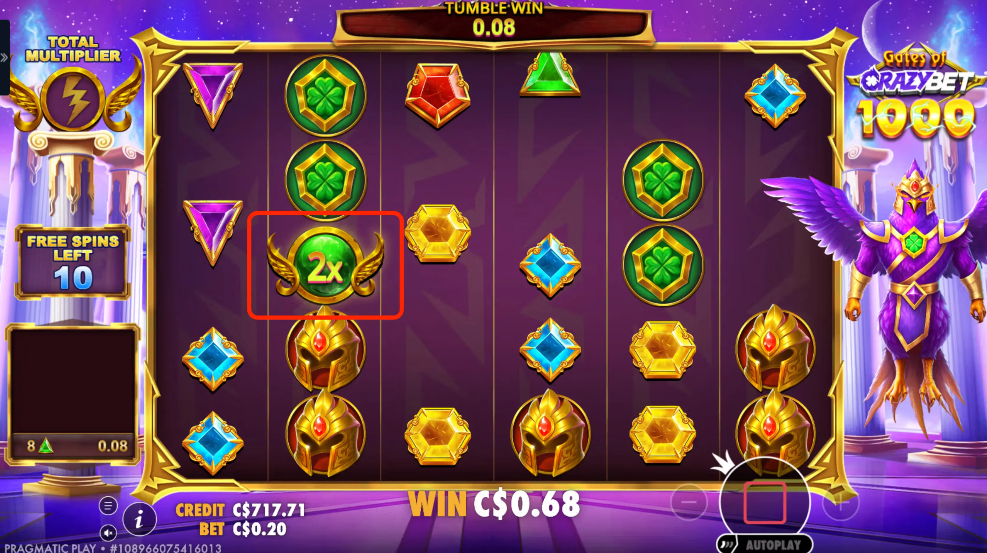Accumulateur de multiplicateur total avec bombe x2 lors du bonus Free Spins sur Gates of CrazyBet 1000.