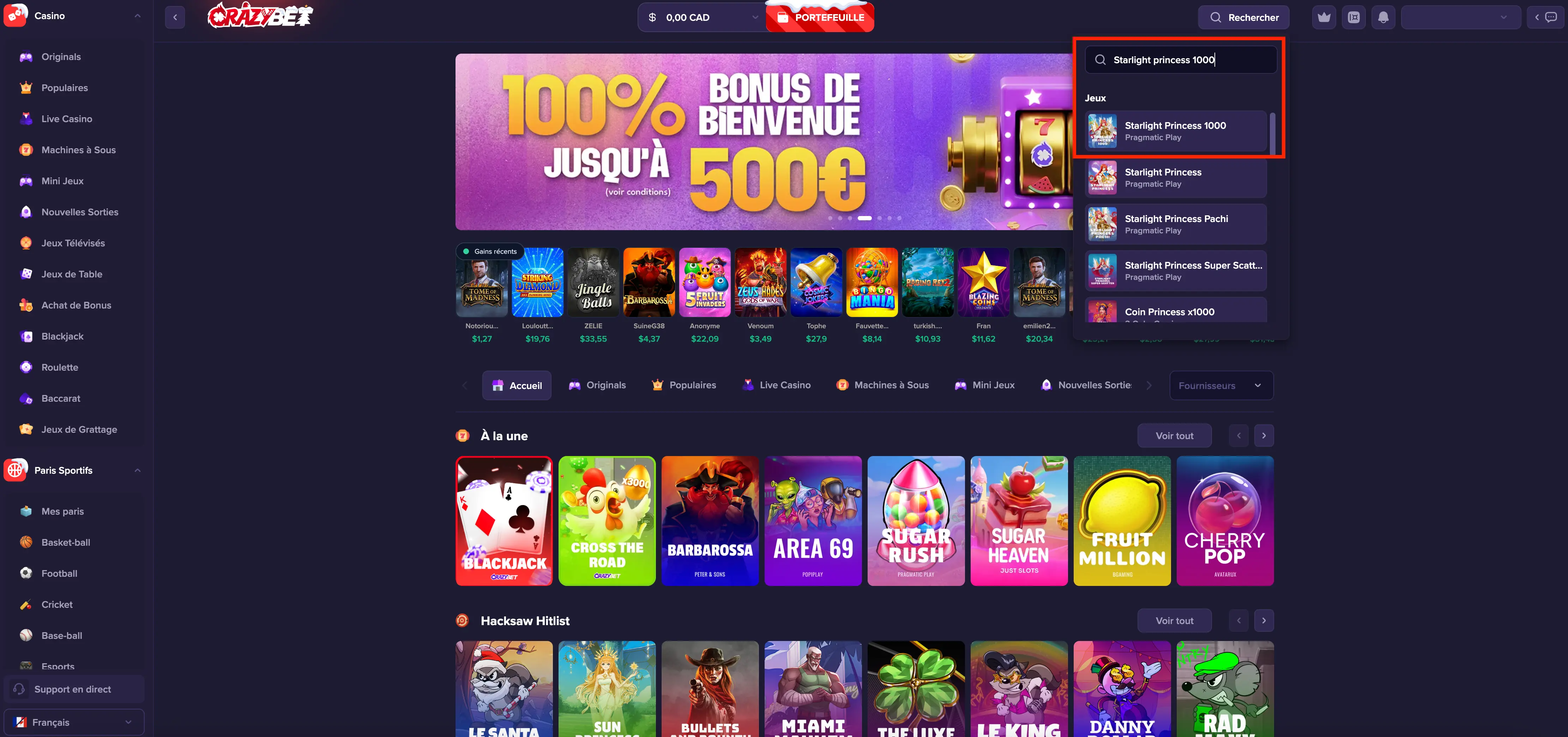 search-starlight-princess-1000-crazybet-casino-interface
