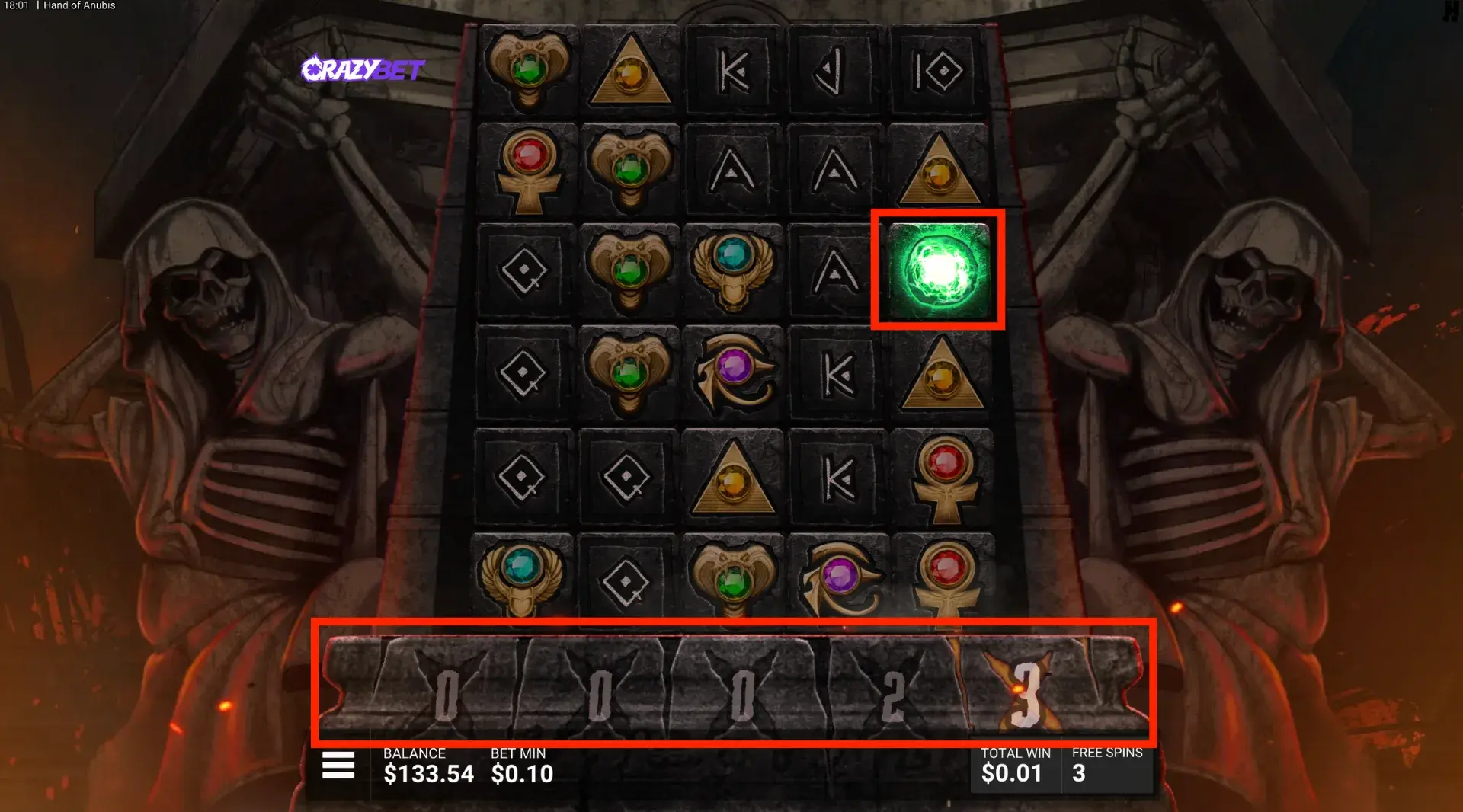 Underworld bonus, column multiplier counters and green activation orb